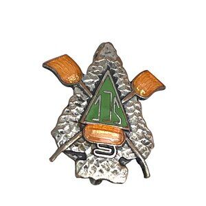 Vintage Arrowhead-Shaped Enamel Badge With Green & Orange Details